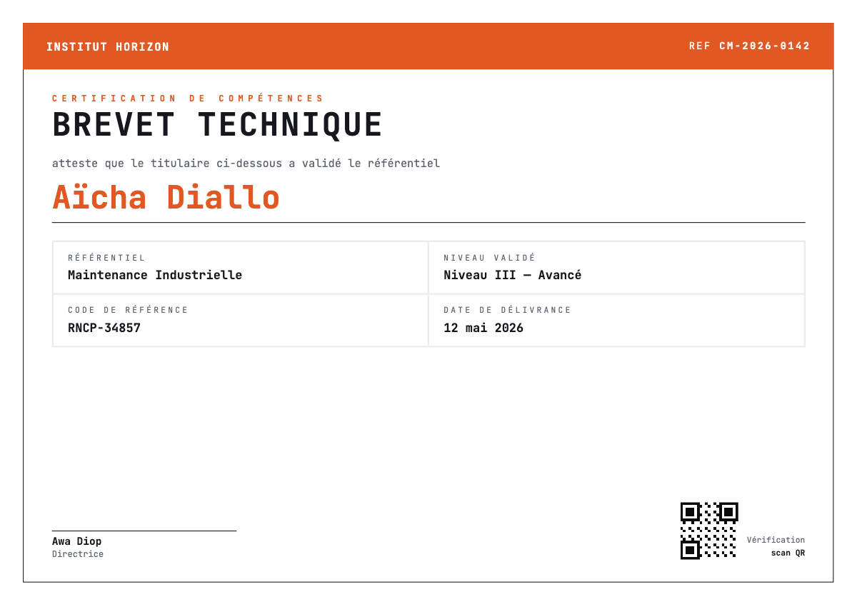 Certificat avec un QR code de vérification intégré, renvoyant vers une page d'authentification publique