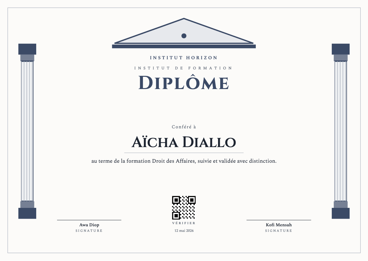 Certificat infalsifiable doté d'un QR code de vérification et d'un identifiant unique