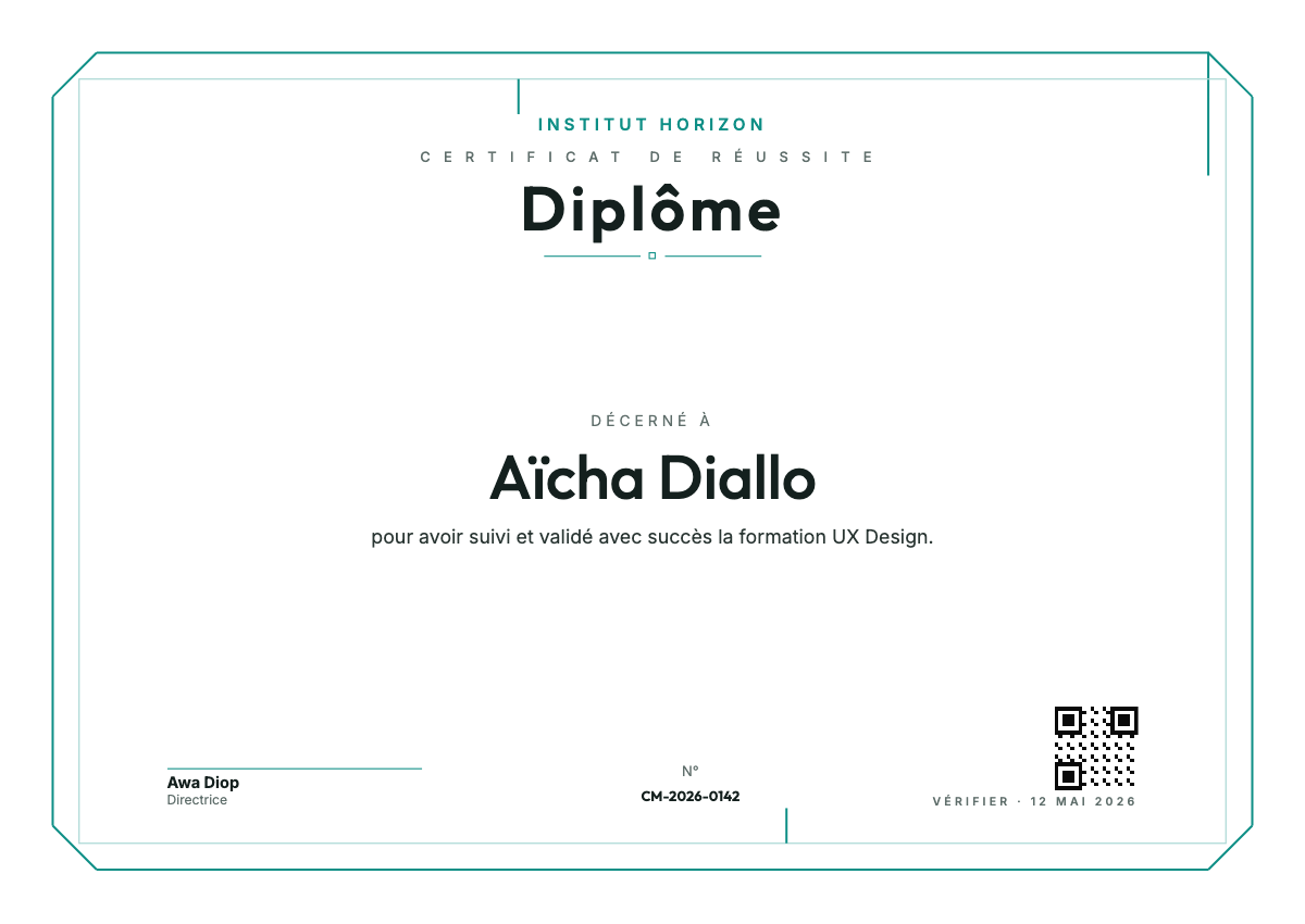 Modèle de diplôme au ton académique, contour géométrique fin et signature