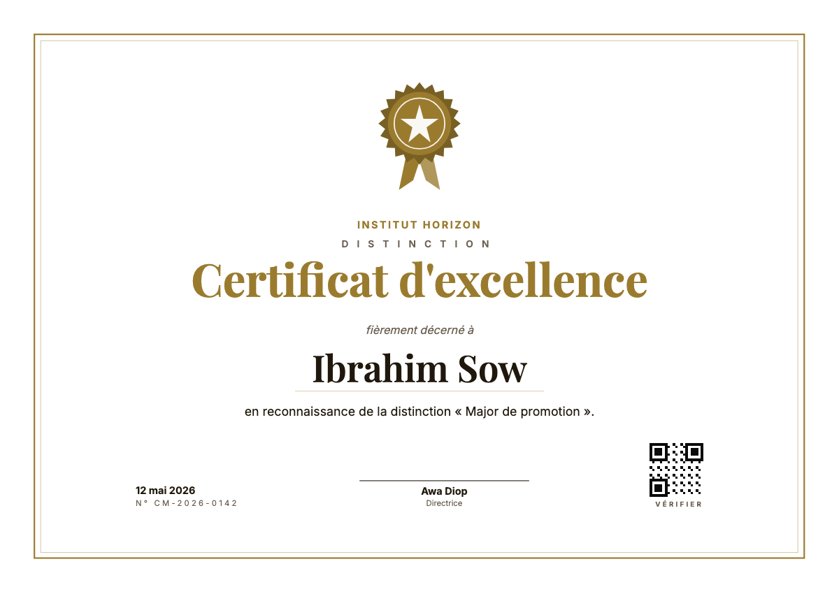 Modèle de certificat d'excellence, design distinctif avec médaillon