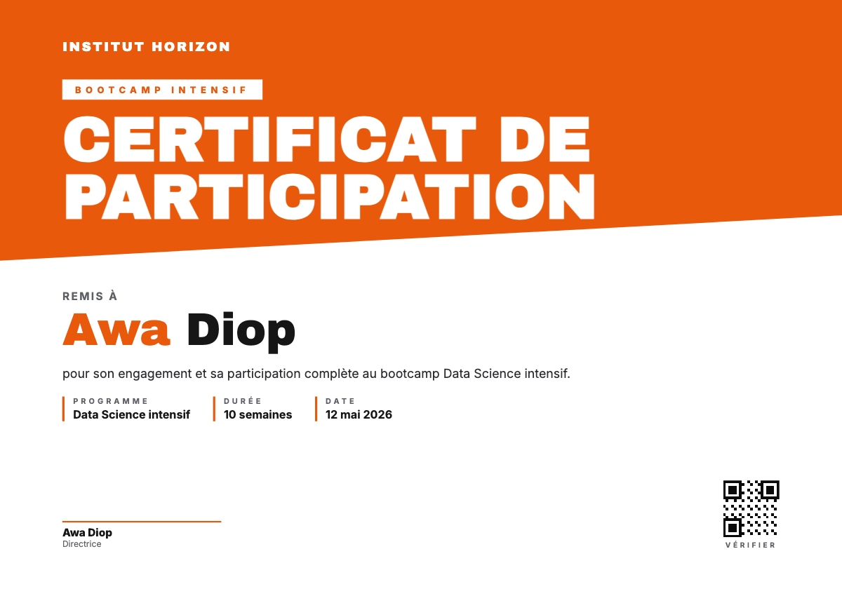 Modèle d'attestation de participation à un atelier ou bootcamp, mise en page dynamique et claire