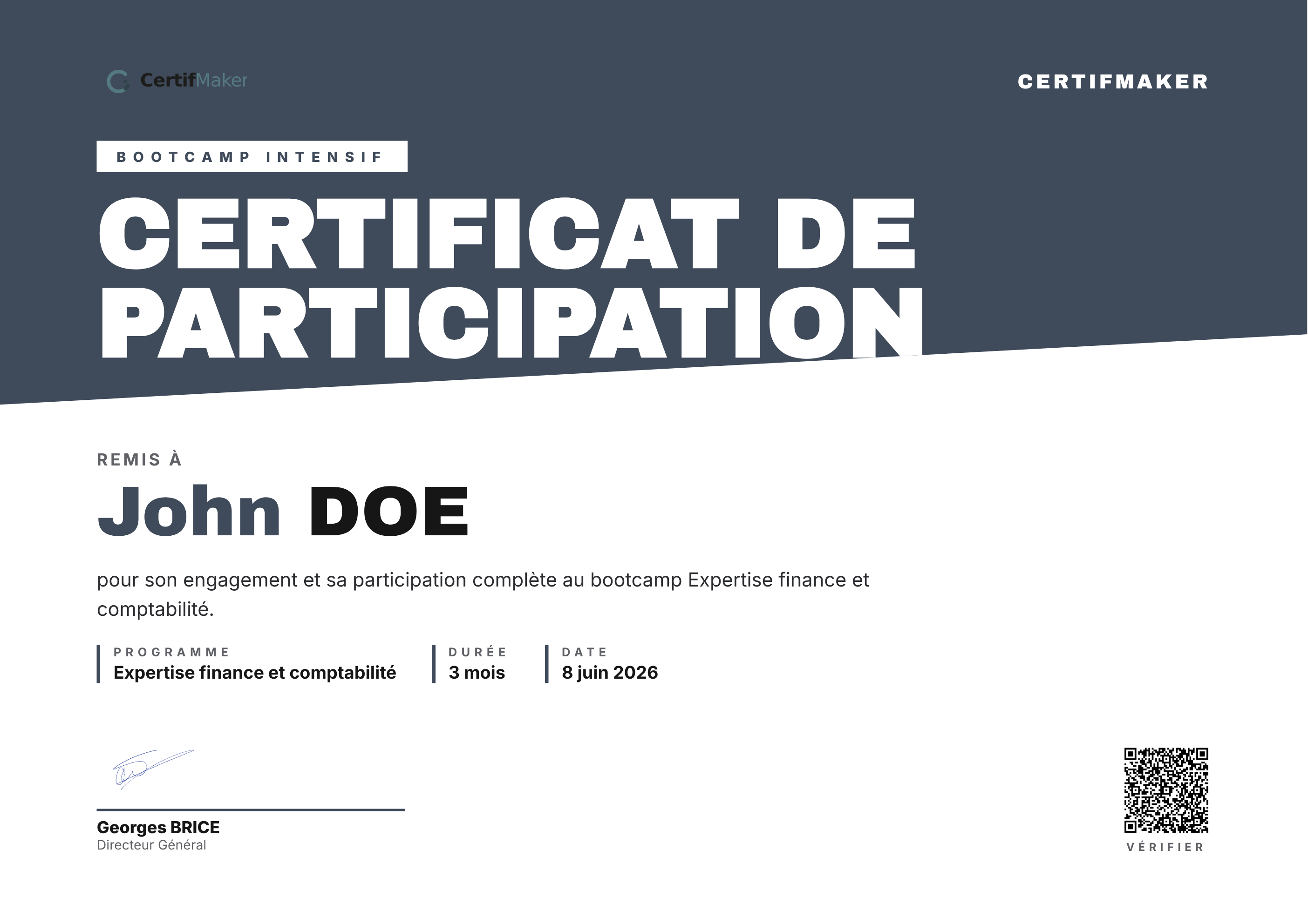 Exemple de certificat de formation vérifiable, avec QR code de vérification et numéro unique