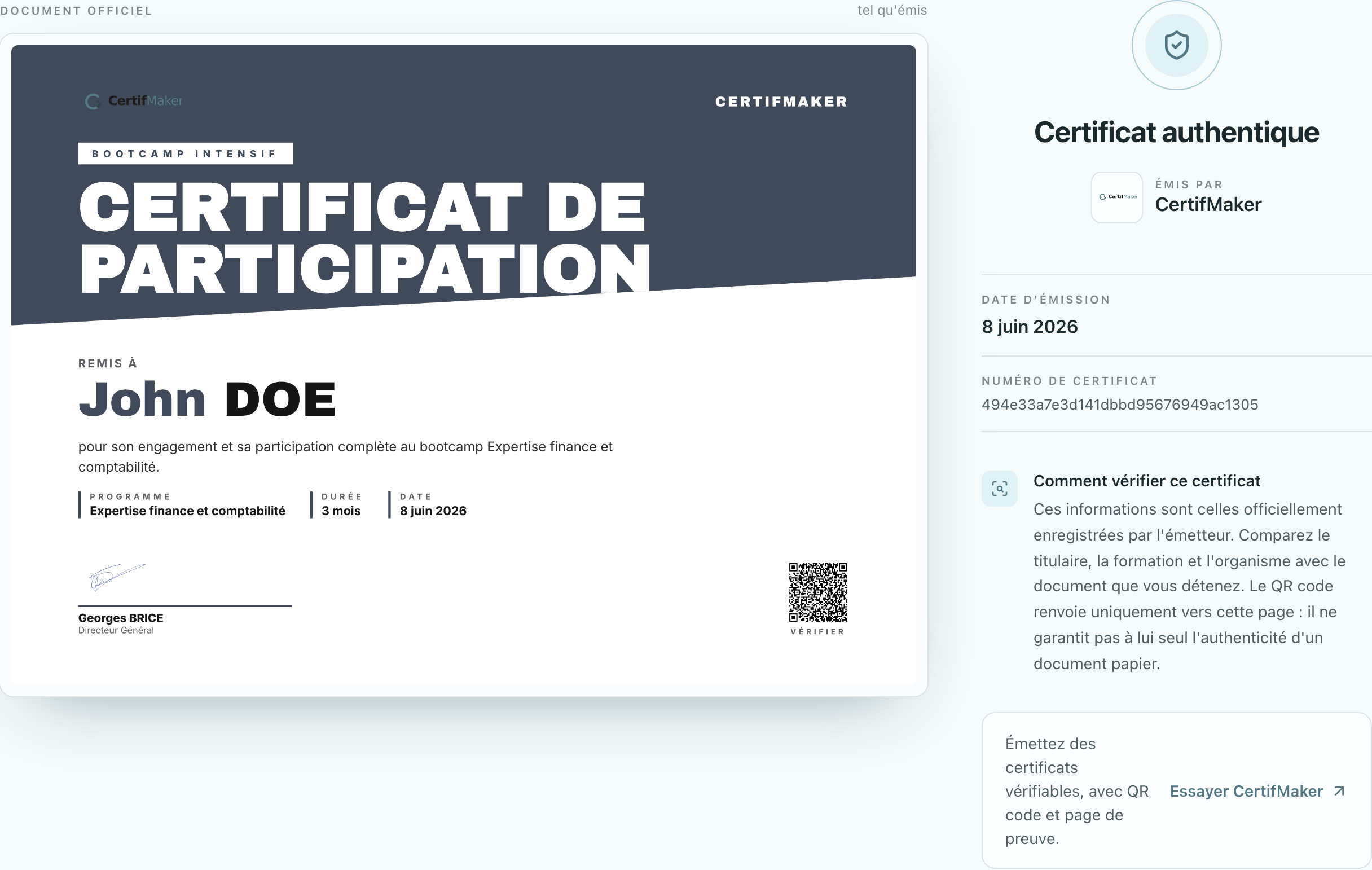 Page de vérification publique d'un certificat CertifMaker : document officiel, émetteur et numéro de certificat.