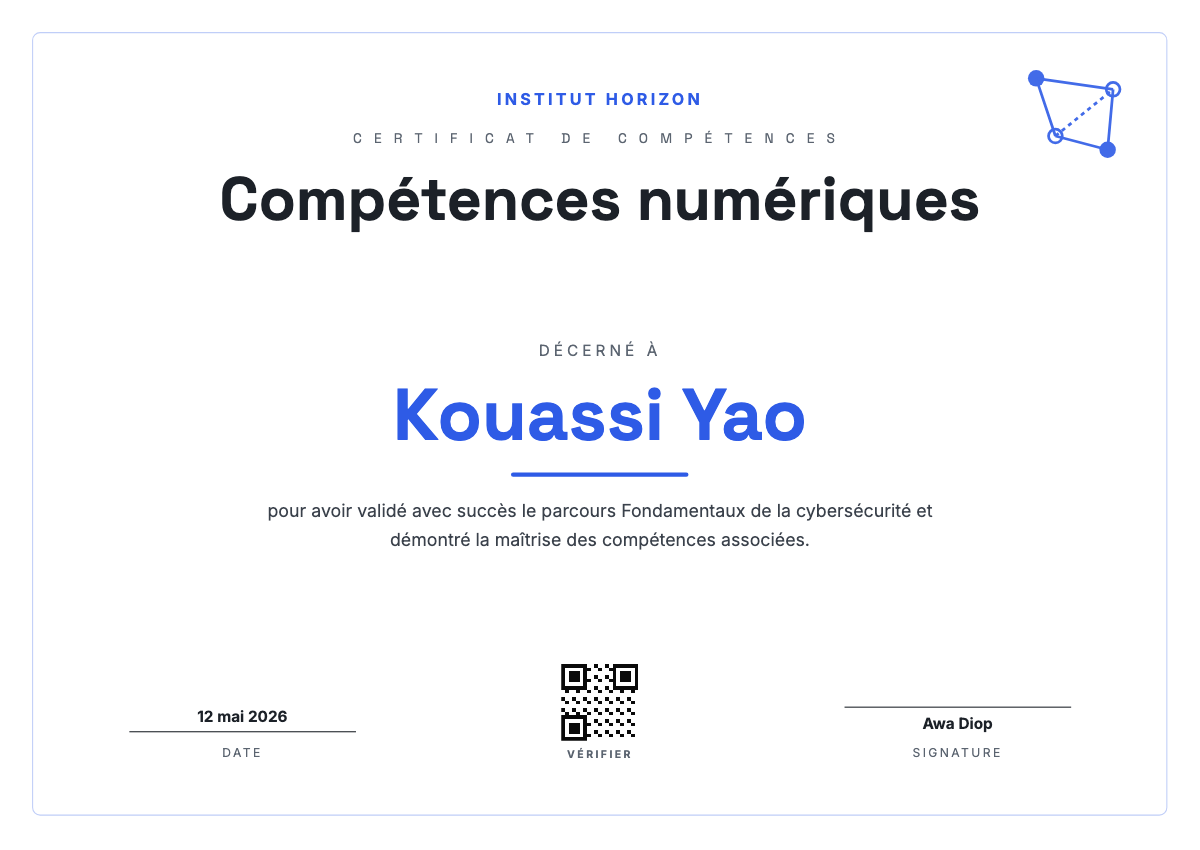 Aperçu du modèle Compétences numériques — attestation